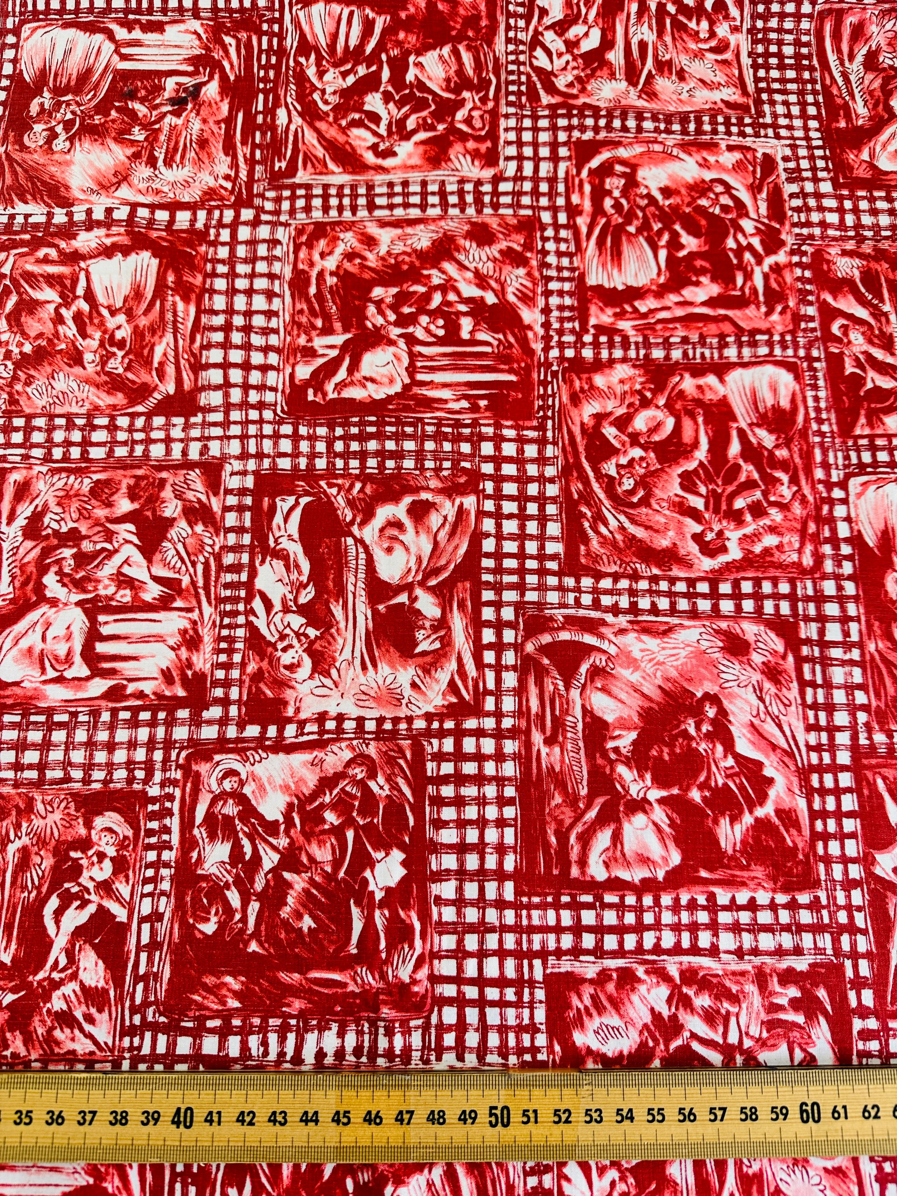 Vintage Fabric 1960s Divine Polished Cotton w/ Pastoral Scenes 90cm Wide