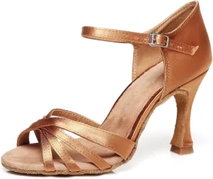 Women's Fashion Peep Toe Satin Ballroom Tango Party Wedding Promal Practice Professional Dance Shoes Bronze US 9
